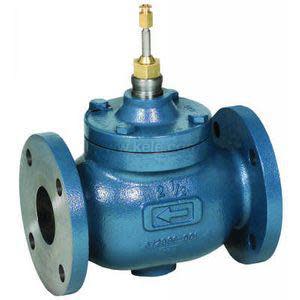A blue industrial valve with large circular flanges and a small brass stem protruding from the center.