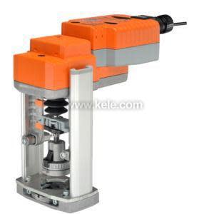 Industrial valve actuator assembly with two stacked orange boxes driving a vertical mechanism inside a metal frame.
