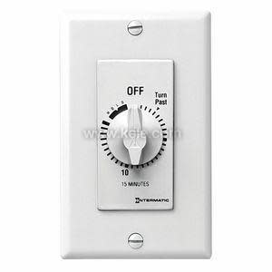 A white wall switch timer featuring a round dial marked from 0 to 15 minutes with an off position at the top.