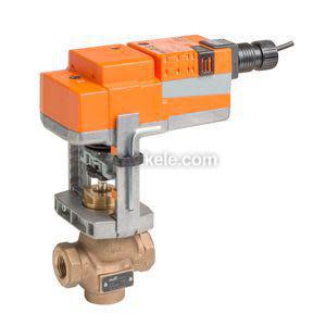 Electric actuator with orange cover attached to a brass valve body, featuring mechanical linkage and a black electrical lead.