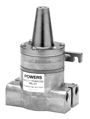 Industrial relay unit with cone-shaped top and cross base with side ports.