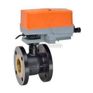 Black flanged valve with an orange rectangular actuator on top.
