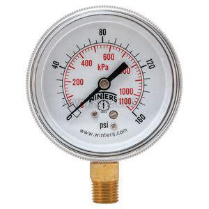 Round analog pressure gauge by Winters with a brass threaded fitting, displaying pressure up to 160 psi and 1,100 kilopascals with a single black pointer on a white dial.