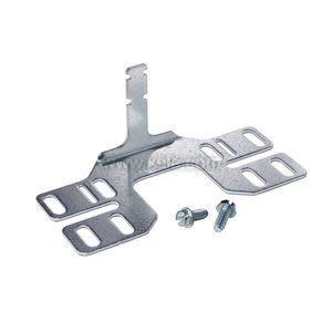 Flat silver bracket featuring multiple rectangular slots and an upright tab, accompanied by two screws