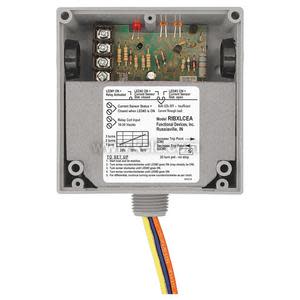 Square grey box with wiring diagram label, three screw terminals on top and a bundle of coloured wires exiting the bottom