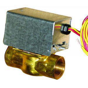Brass pipe fitting with a boxy metallic actuator on top and yellow and red wires extending from the side.