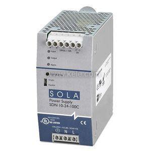 picture of a gray and blue Sola SDN 10‑24‑100C power supply unit with vented top and screw terminals labeled for input and output connections