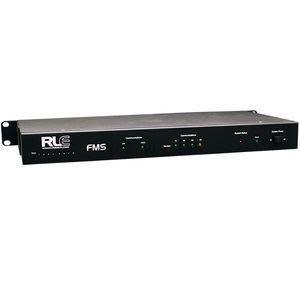 Front view of a slim black 1U rack-mount unit labelled RLE FMS, featuring multiple status LEDs and screw ears on each side for mounting.