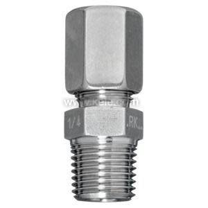 Close-up of a shiny stainless steel compression adapter with a hexagonal nut and threaded connector for tubing.