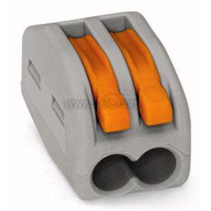 Small clear wire connector with two ports and orange levers for securing wires