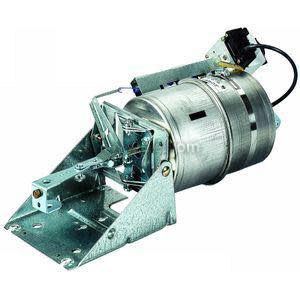 Large silver cylindrical actuator with a lever and a grey bracket