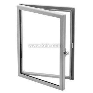 A large rectangular metal frame featuring a hinged door with a small knob.