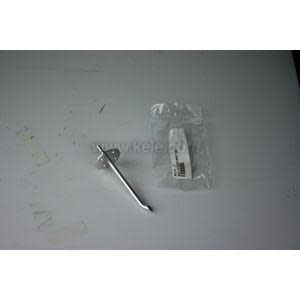 Simple metal bracket bent at a right angle with a round flanged end; a labeled plastic bag sits beside it.