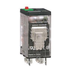 Transparent cube‑shaped relay with a visible coil and contacts, mounted on a socket base