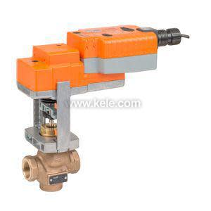 Orange rectangular actuator mounted on a brass three-way valve with L-shaped metal bracket, electrical lead at end