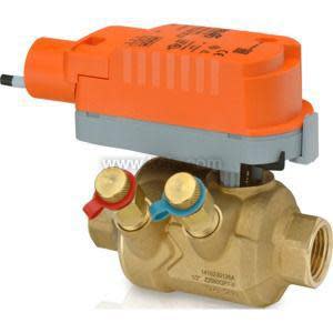 Valve body with red and blue test ports and bright orange actuator mounted on top