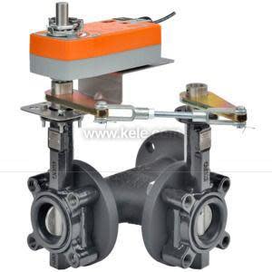 Two grooved-end valves joined by a metal linkage and operated by a long orange electric actuator mounted above on a bracket, shown against a white background.