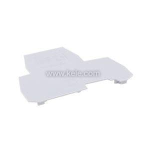 White plastic end cover for a DIN rail terminal block.
