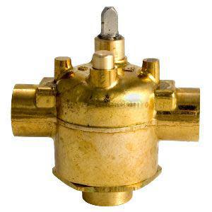 Compact brass valve body with three side ports and a central stem projecting from the top