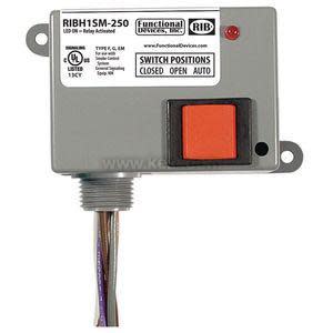 Compact grey box with a bright red rectangular button on the front and several colored wires protruding from the bottom.