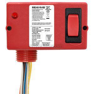 red rectangular control module with a red rocker and multicolored wires below