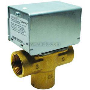 Three-way brass valve body labelled A, B, AB with rectangular silver actuator box on top