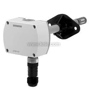 black-and-white image of a Siemens probe-type sensor with a rectangular housing and long cylindrical probe attached to a mounting flange; features an electrical connector at the bottom