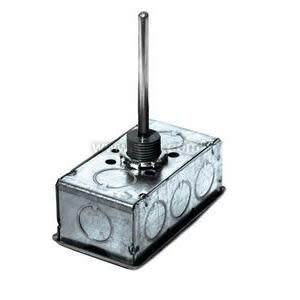 Small metal junction box with protruding round temperature probe and wiring ports