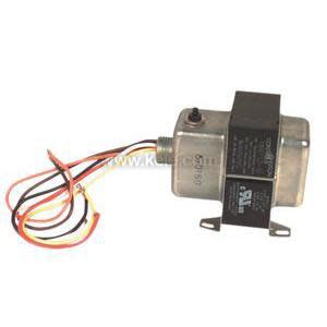 A small metal box with a black strip around its middle and red, yellow, and black wires protruding.