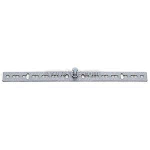 A long narrow metal strip with multiple slots and holes along its length and a single bolt protruding from the center.