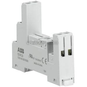 Image of a light grey plastic relay socket designed for mounting on a DIN rail, with terminal slots and a vertical extension for secure attachment.