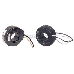 Two circular black current transformer rings with central hole and short wire leads