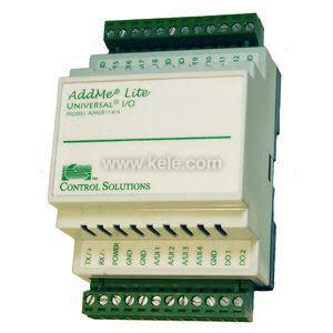 Electronic control unit with a white front panel, green screw terminals and printed text identifying inputs and outputs.
