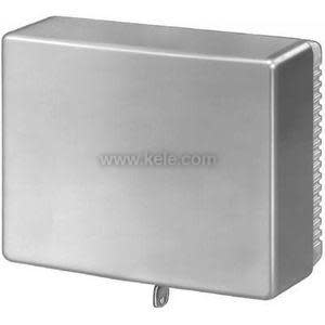 Smooth silver metal box with a small tab at the bottom and vent fins along one side