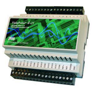A programmable I/O device with a green graphic front and rows of black screw terminals.