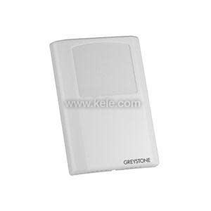 Compact white sensor device designed for wall mounting, featuring a small rectangular panel at the top and a discreet brand label at the bottom.