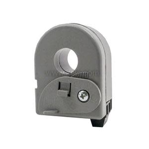 A grey oval current transformer featuring a circular hole through the center and a hinged latch to open the housing for installation