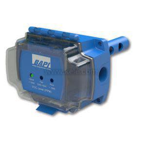 Blue rectangular sensor housing with clear flip-up cover, digital indicator lights and a slotted probe