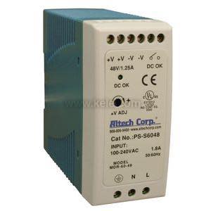Rectangular beige and blue power supply unit designed for DIN rail mounting, featuring multiple screw terminals on the front and ventilation slots on the sides