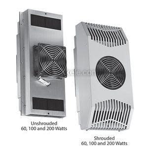 Two rectangular enclosure heaters: one has an exposed square fan and open black vents, while the other has a slotted grey cover with a circular fan grille; both mount vertically.