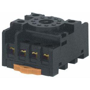 Compact black plastic socket with multiple slots for terminals and a small orange tab