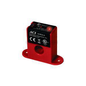Red rectangular current switch with circular hole for wire and mounting ears, labelled ACI