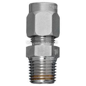 Stainless steel adapter featuring a compression sleeve and a threaded male end for connecting tubing in fluid systems.