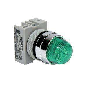 Small green indicator light with chrome ring mounted on rectangular base.