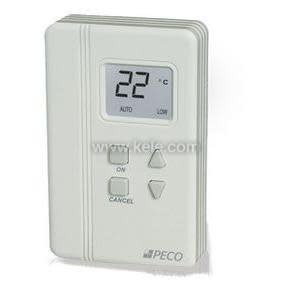 PECO digital thermostat with display and buttons.