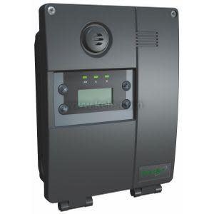 Small black rectangular device with display screen and colored LED lights.