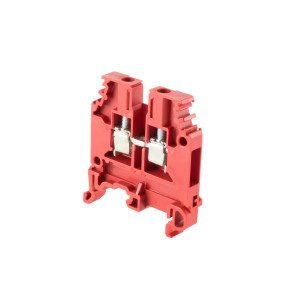 Red plastic terminal block with metal contacts on a short rail section.