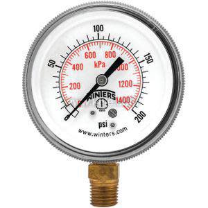 Analog pressure gauge with threaded bottom mount, measuring up to 200 psi (1,400 kilopascals) with a black needle on a white face.