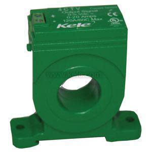Green square-bodied current transformer with circular hole in center and rating information on top