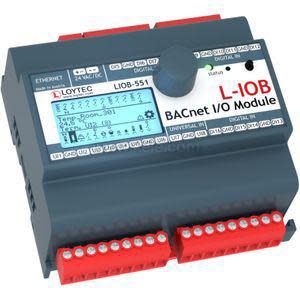 Grey BACnet I/O module labelled LiOB‑551 with an LCD screen, control knob, and two rows of red terminal connectors.